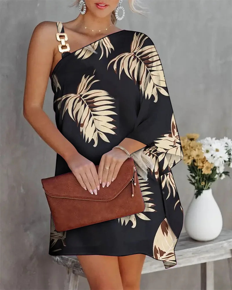Women Print Dress Off Shoulder Mini Dresses Chain Strap Batwing Sleeve Irregular Above Knee Vestidos 2025 Summer Office Lady