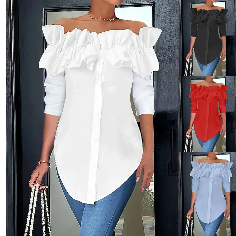 Women Shirts Solid Blouses Single Breasted Shirt Turn Down Collar Slash Neck Buttons Spliced Casual Loose Fit 2025 Summer